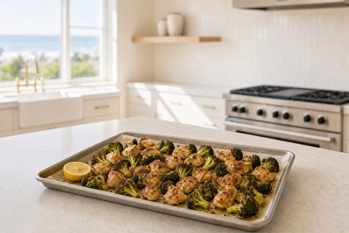 A parchment-lined sheet pan of golden roasted chicken pieces and charred broccoli with half a lemon, on a marble kitchen island with the ocean window and range softly blurred behind