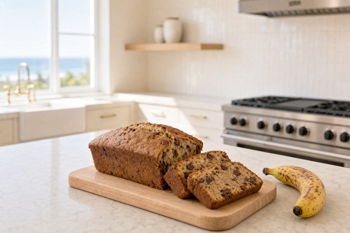 A loaf of chocolate chip banana bread with two slices cut, on a wooden board on a marble kitchen island, with a ripe spotted banana beside it