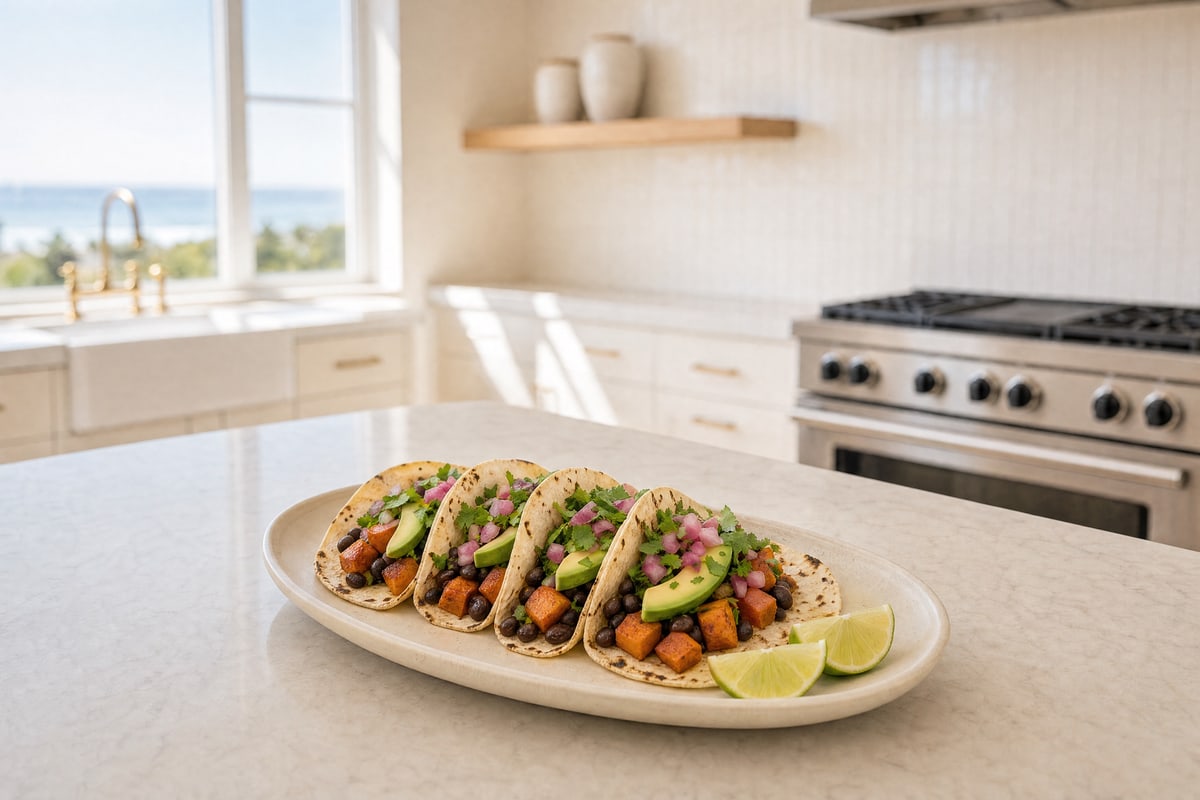 Four charred corn tortillas filled with roasted sweet potato, black beans, avocado, pickled red onion, and cilantro, with two lime wedges, on an oval platter on a marble kitchen island