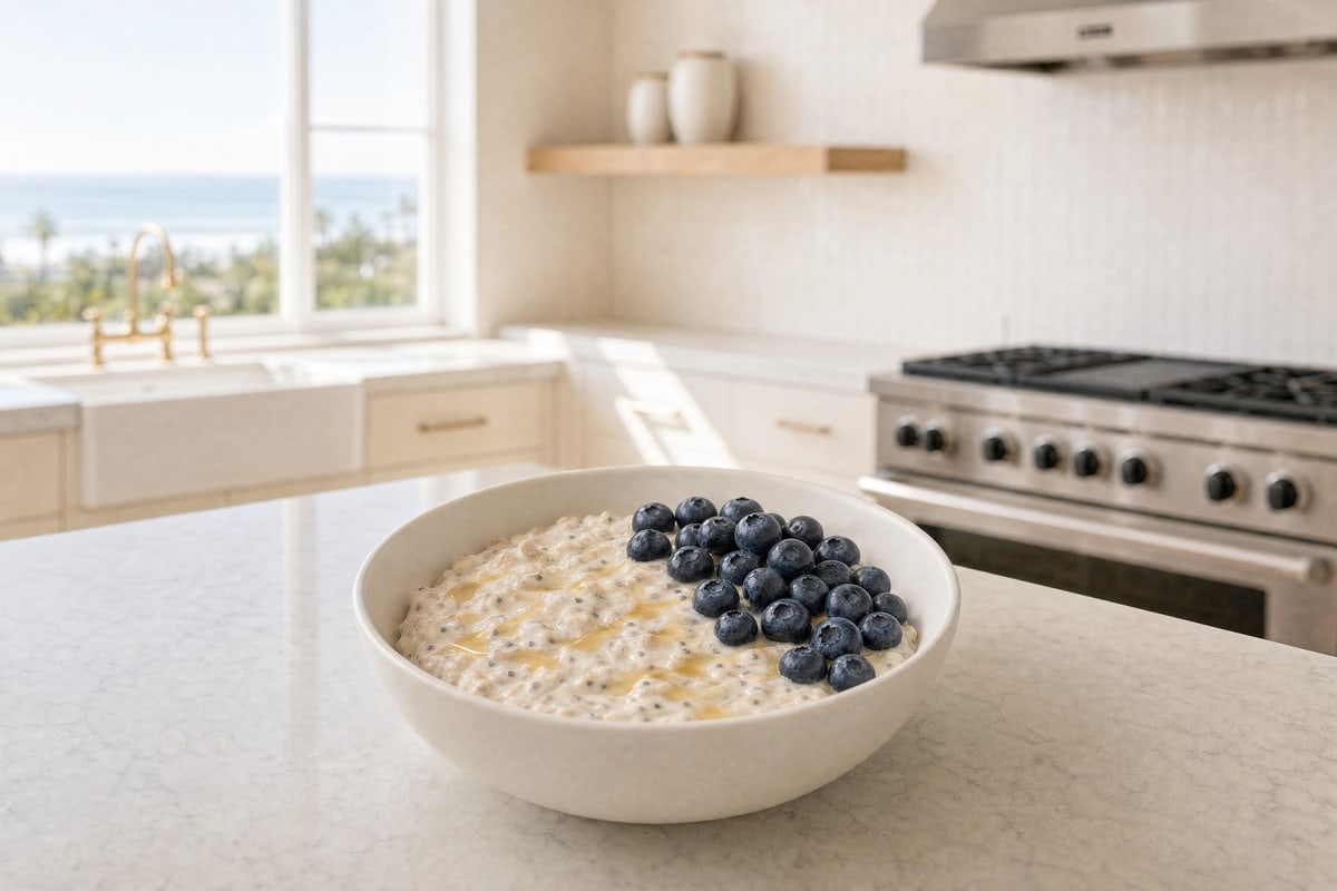 A white bowl of creamy overnight oats with chia seeds and honey, topped with a pile of fresh blueberries, on a marble kitchen island with the ocean window and range softly blurred behind